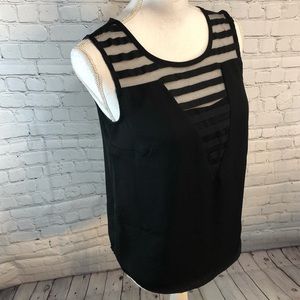 METAPHOR Tank Top Black w Sheer Striped Neckline-Small
